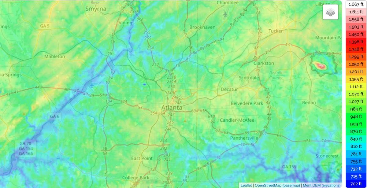 Mapa de elevación de Atlanta